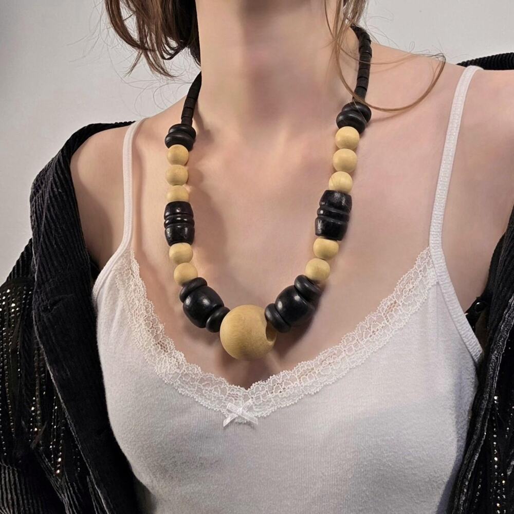 Vintage Chunky Wood Bead Necklace 90s Boho Statement 24" Long Artisan